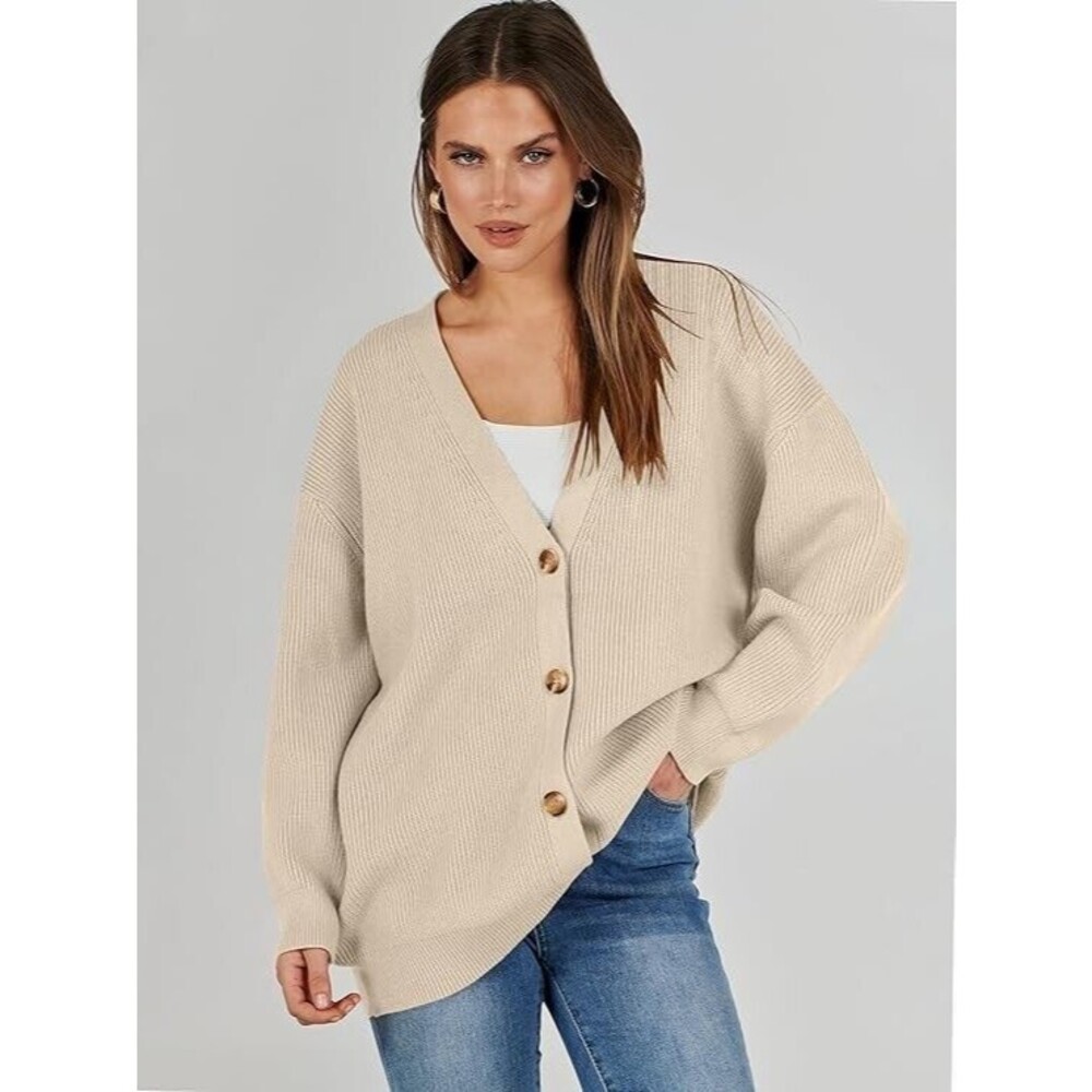 Womens Oversized Cardigan Sweater Fall Outfit Cloth Fashion V neck Small Apricot